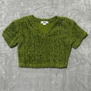 Obé Lime Green Fuzzy Popcorn Knit Cropped V-Neck Short Sleeve Top Large USA